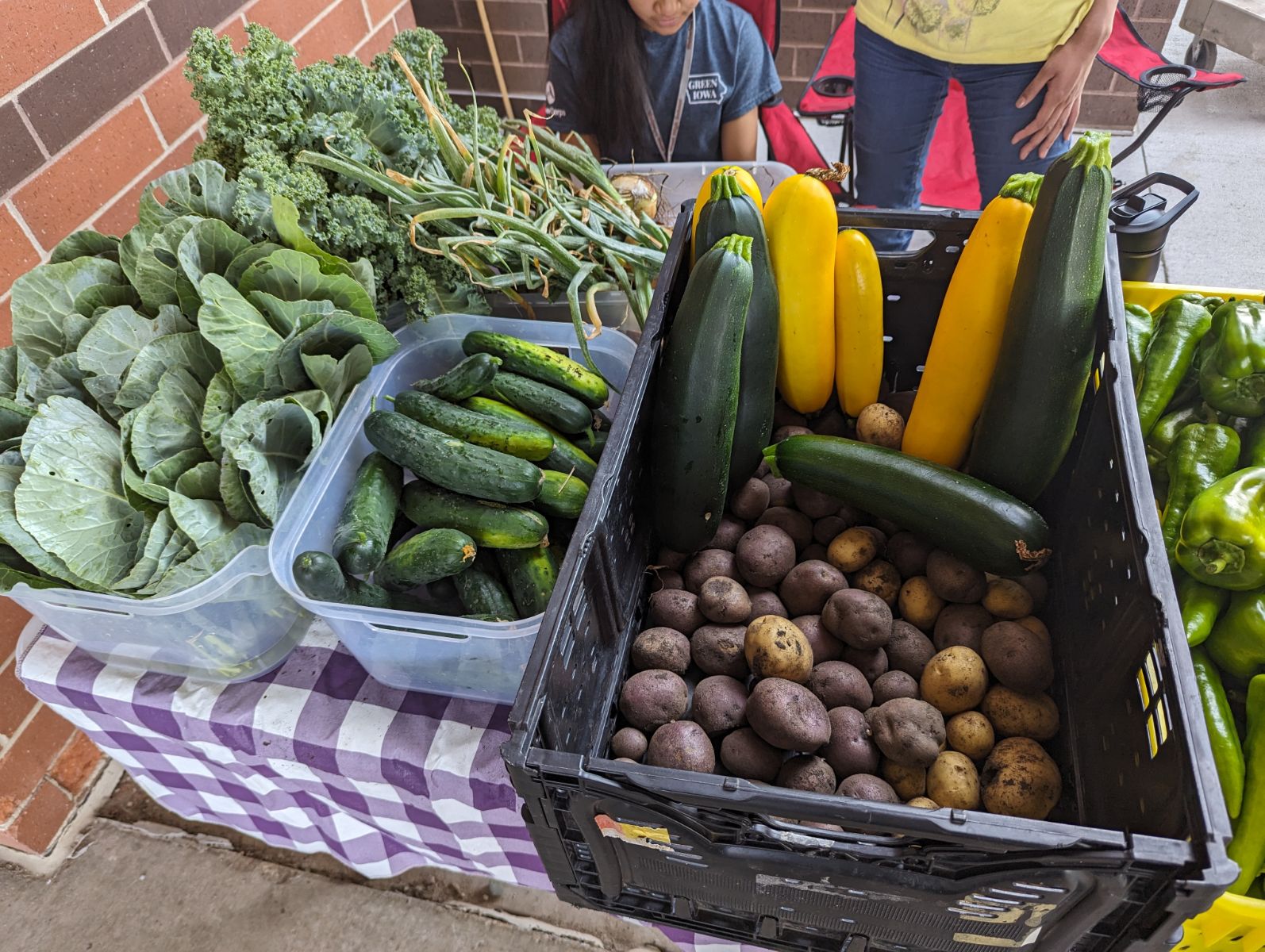 Green vegetables and potatoes in baskets