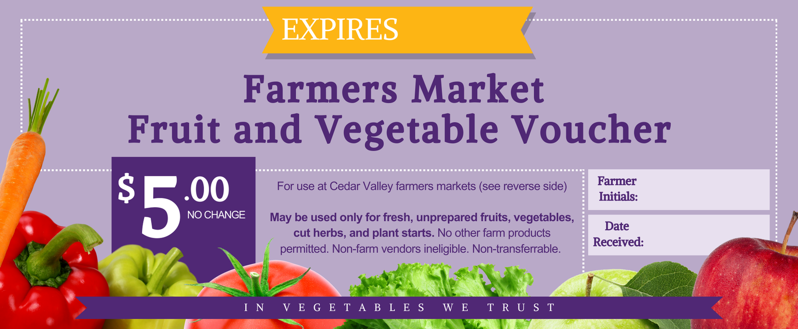 Veggie Voucher Sign, light purple sign with dark purple text " Farmers market fruit and vegetable voucher"