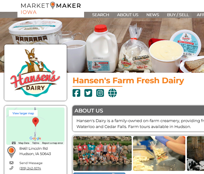 screenshot of Hansens dairy market maker profile page showing their logo, social links, and map