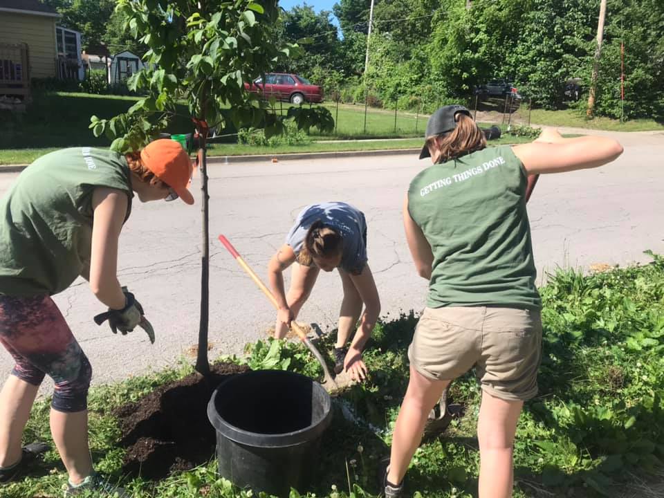 Three GIA members digging a hole for a tree